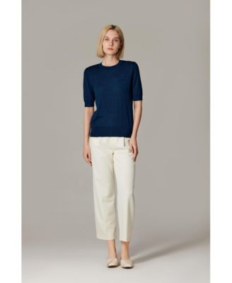 Women's Tissue Weight 75% Merino Wool 25% Silk Crew Neck Short Sleeve T Shirt Sweater | Ultra Soft Machine-Washable Sweaters