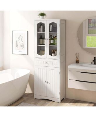 63" MDF Bathroom Cabinet with Tempered Glass Doors, Adjustable Shelves and Large Drawer