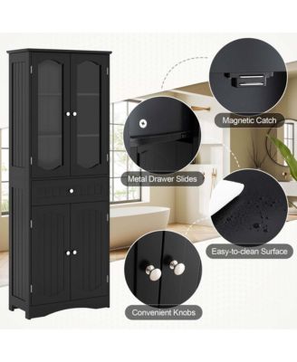 63" MDF Bathroom Cabinet with Tempered Glass Doors, Adjustable Shelves and Large Drawer