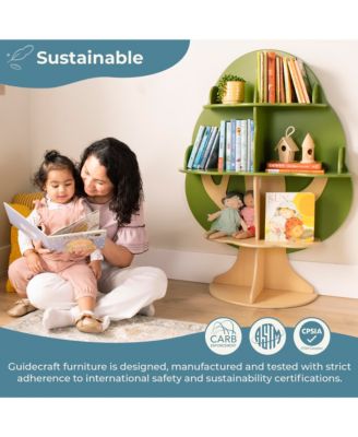 Kids Tree Bookshelf: Library Bookcase, Toddler Book Shelf, Green Wood 4 Tier Bookshelf, Nursery Furniture Decor, Bedroom & Playroom Storage