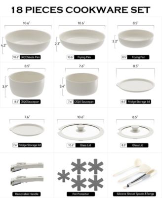 18-Piece Non-Stick Cookware Set with Silicone Tools, Detachable Handles, Space-Saving Design for All Stovetops