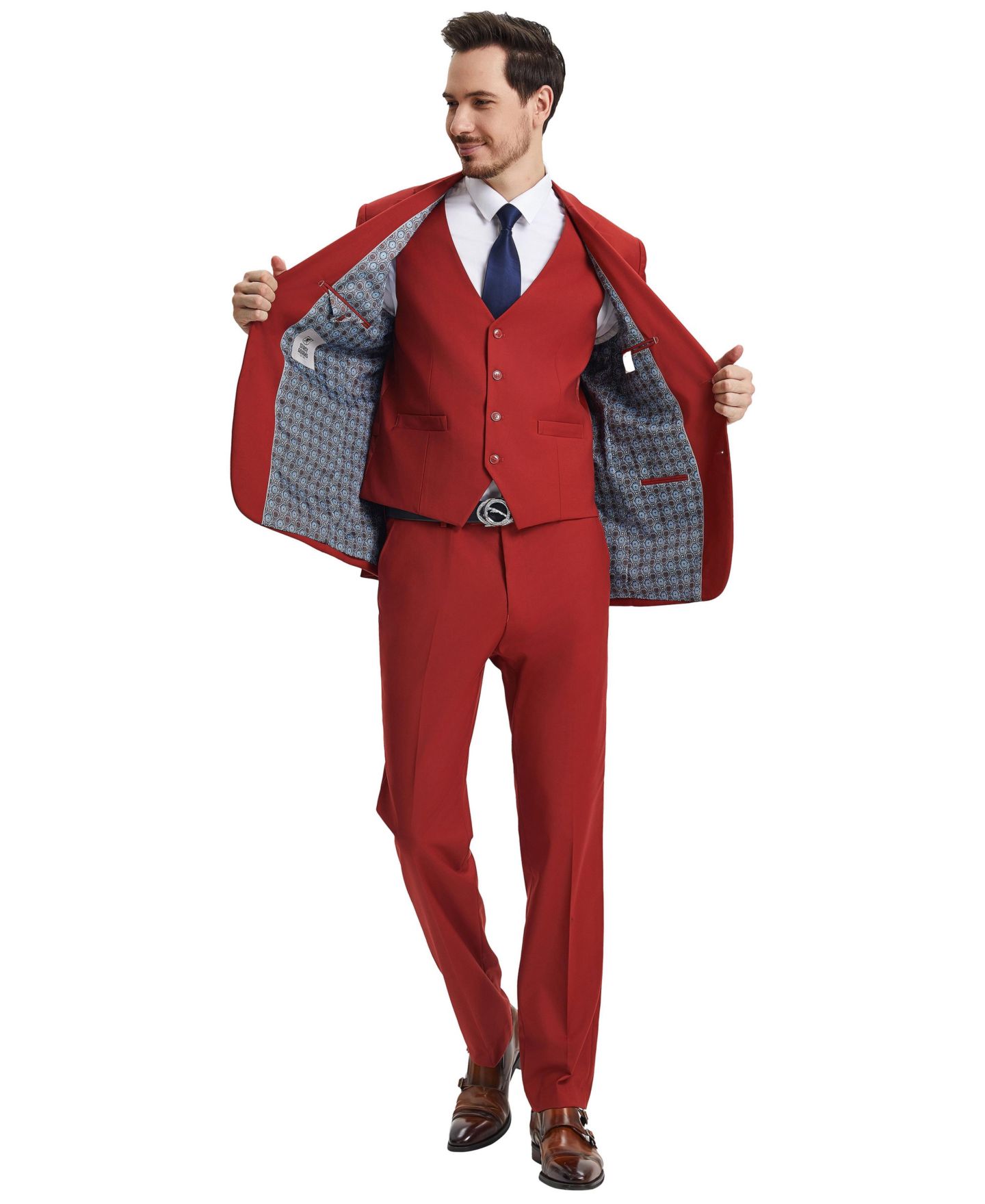 Мужской комплект Stacy Adams Hybrid-Fit 3pc Notch Lapel Suit Set, Jacket Vest and Pants, цвет: Кирпичный — фото 2