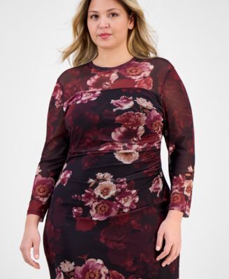 Plus Size Floral Mesh Side-Ruched Midi Dress