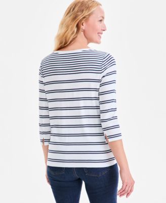 Petite Pima Cotton Split Stripe 3/4-Sleeve Boat-Neck Top, Macy's Exclusive