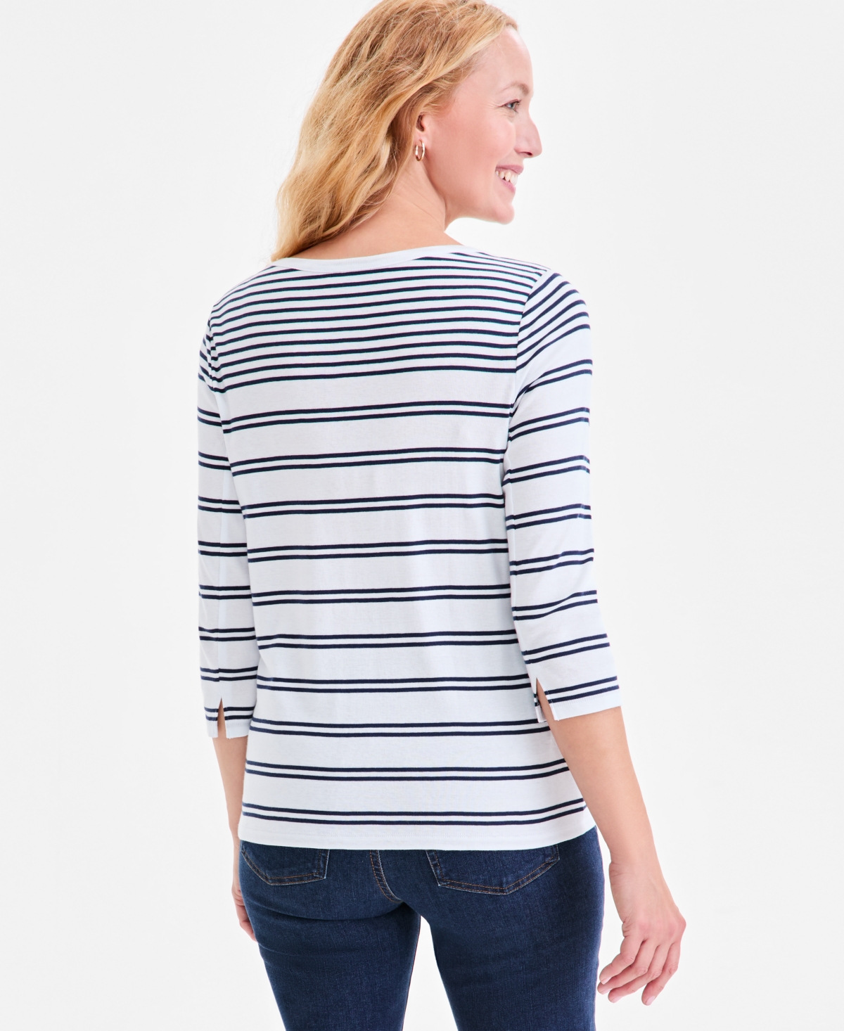 Style & Co Petite Pima Cotton Split Stripe 3/4-sleeve Boat-neck Top, Macy's Exclusive In White