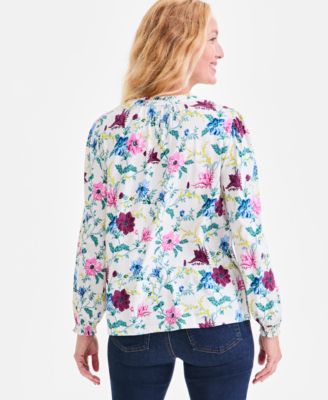 Petite Chintz Floral Smocked Split-Neck Top, Macy's Exclusive