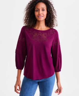 Style & Co - Women's Embroidered Lace-Trim Knit Blouse
