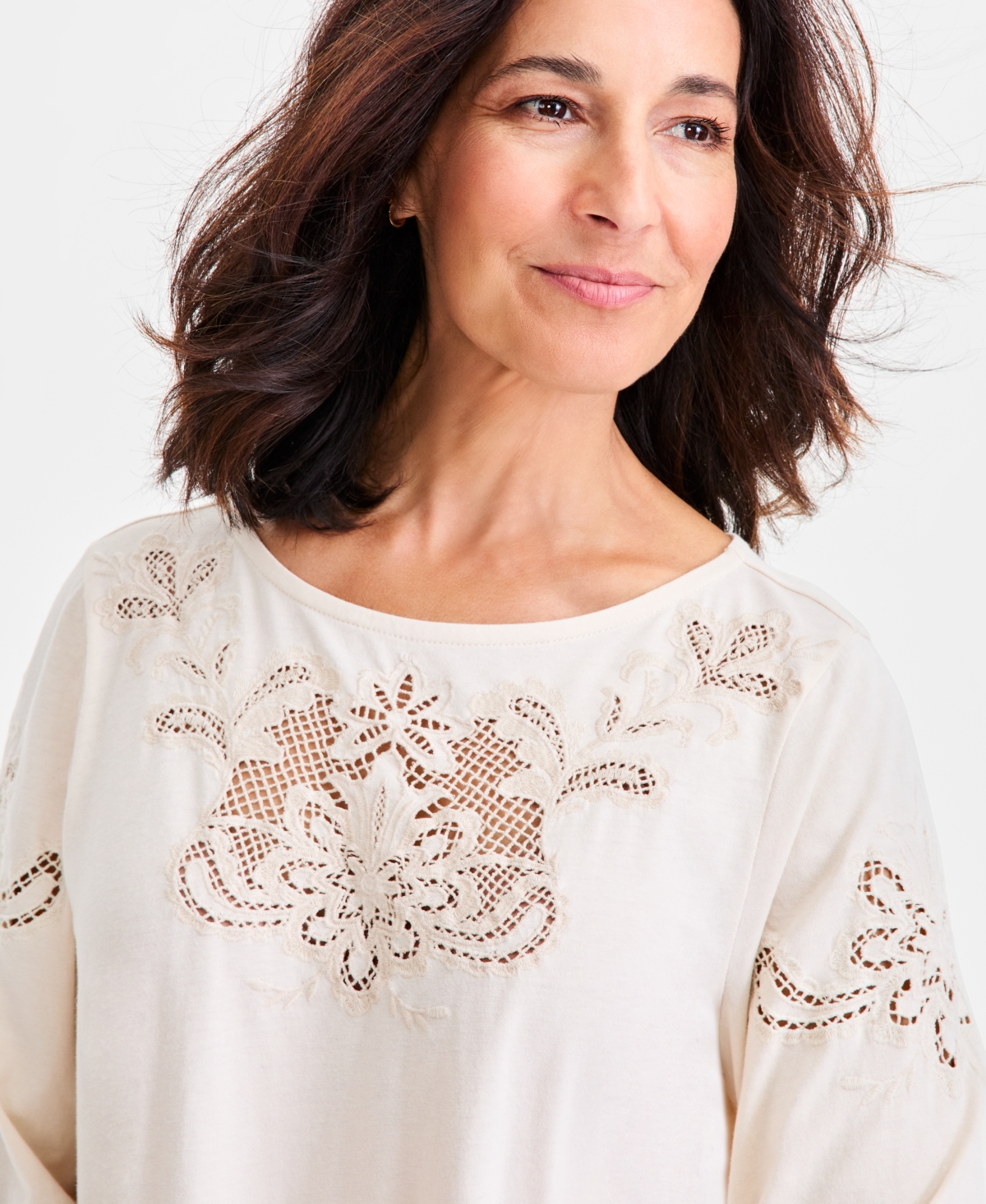 Style & Co Women's Embroidered Lace-trim Knit Blouse, Macy's Exclusive In Brown