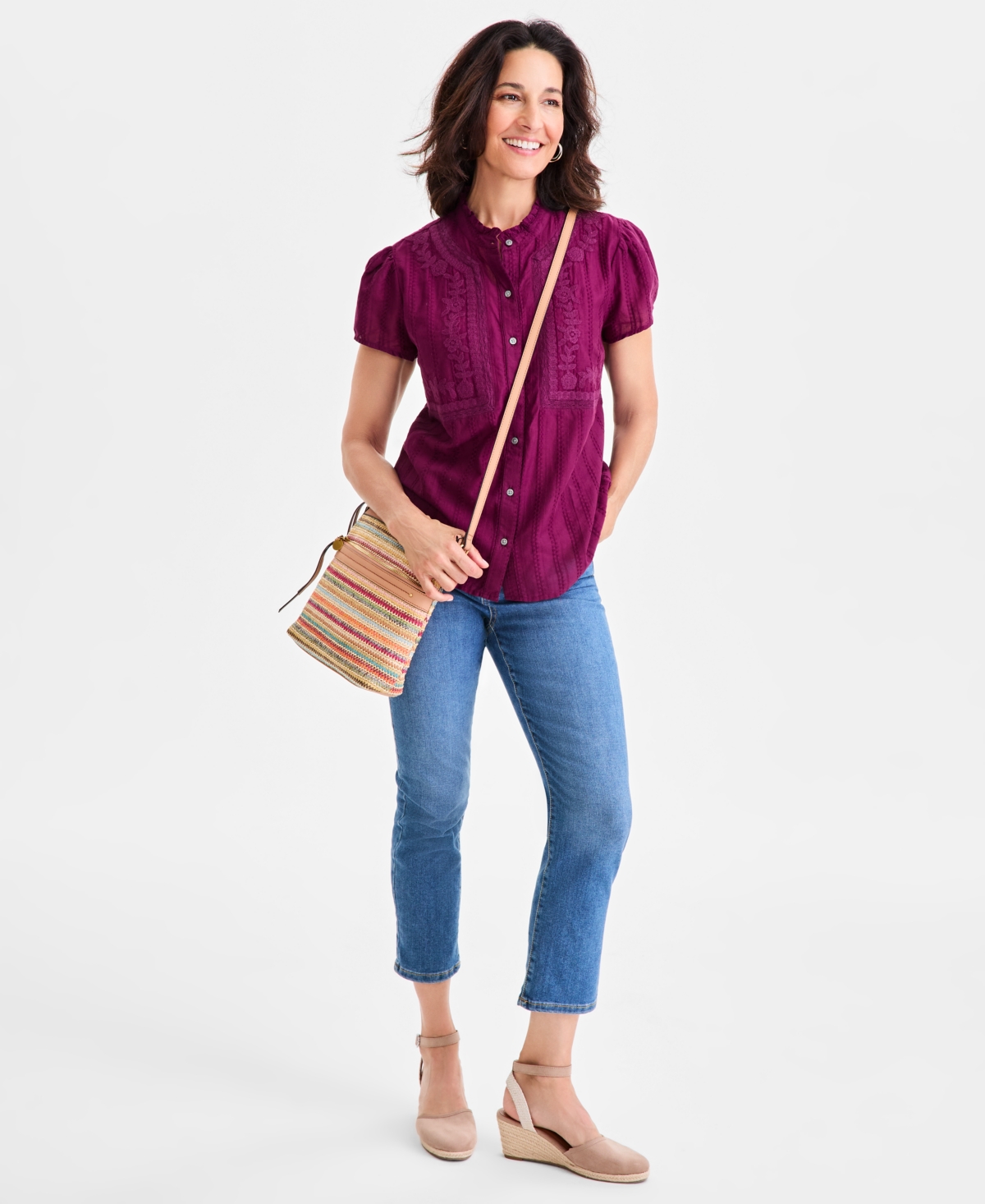 Style & Co Women's Cotton Embroidered Button-front Blouse, Macy's Exclusive In Burgundy