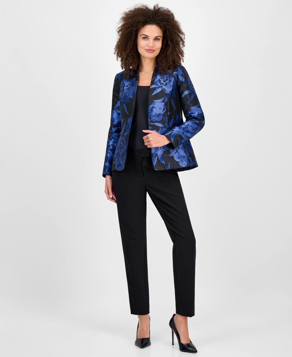 Kasper Floral Jacquard Open-front Jacket, Regular & Petite In Blue