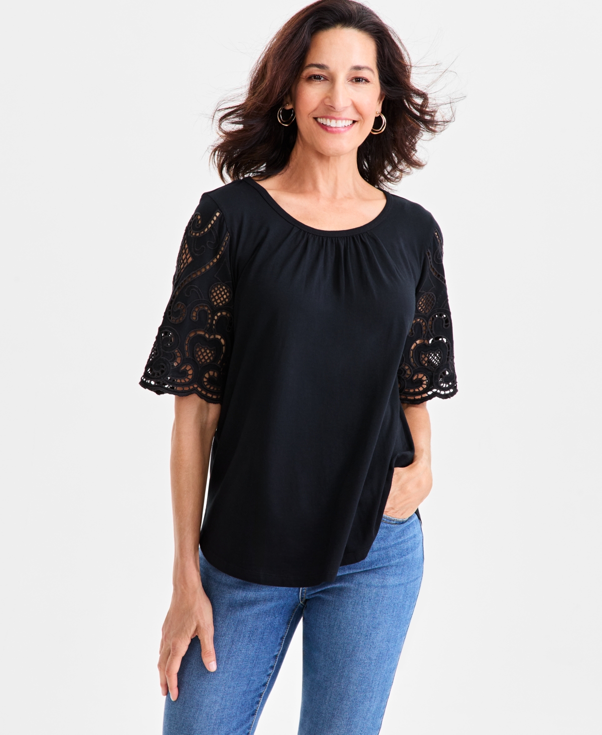 Women's Crewneck Eyelet-Sleeve Knit, Exclusively at Macy's - Antique White