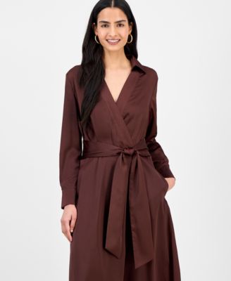 Women's Collared V-Neck Tie-Waist Midi Dress