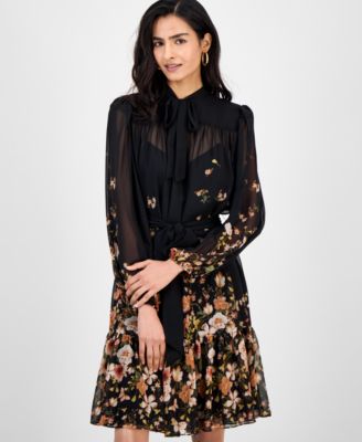 Women's Tie-Neck Belted Long-Sleeve Dress