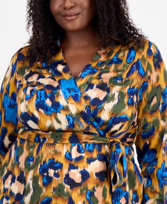 Plus Size Printed V-Neck Tie-Waist Midi Dress