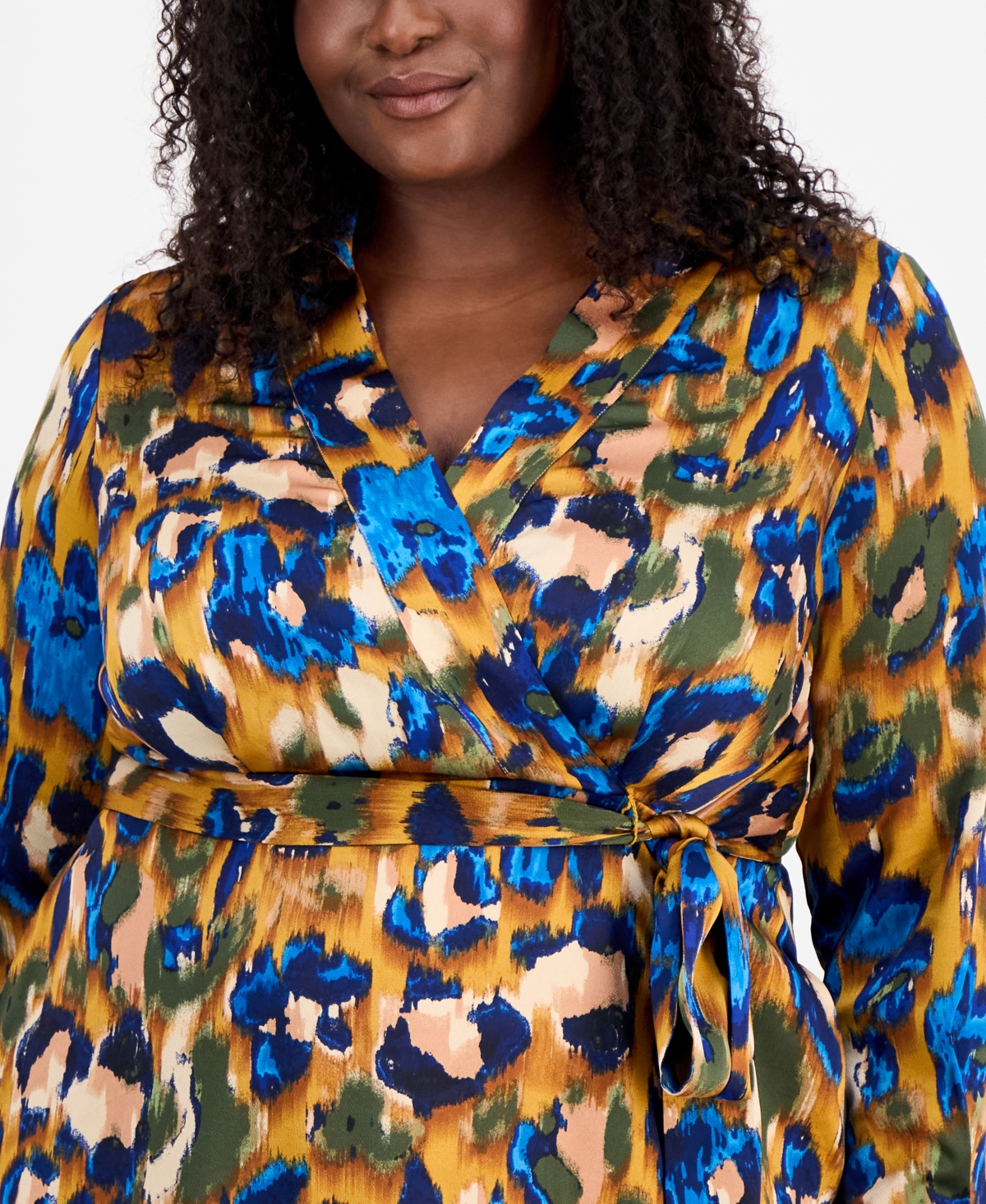 Tahari Asl Plus Size Printed V-neck Tie-waist Midi Dress In Multi