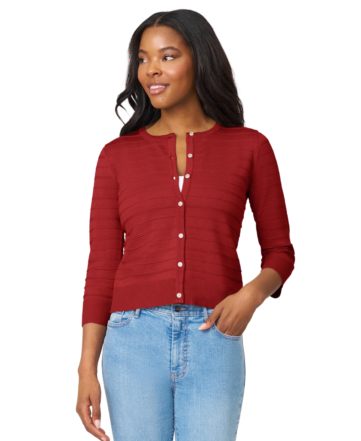 Melissa Paige Women's Ottoman-rib 3/4-sleeve Crewneck Cardigan In Red