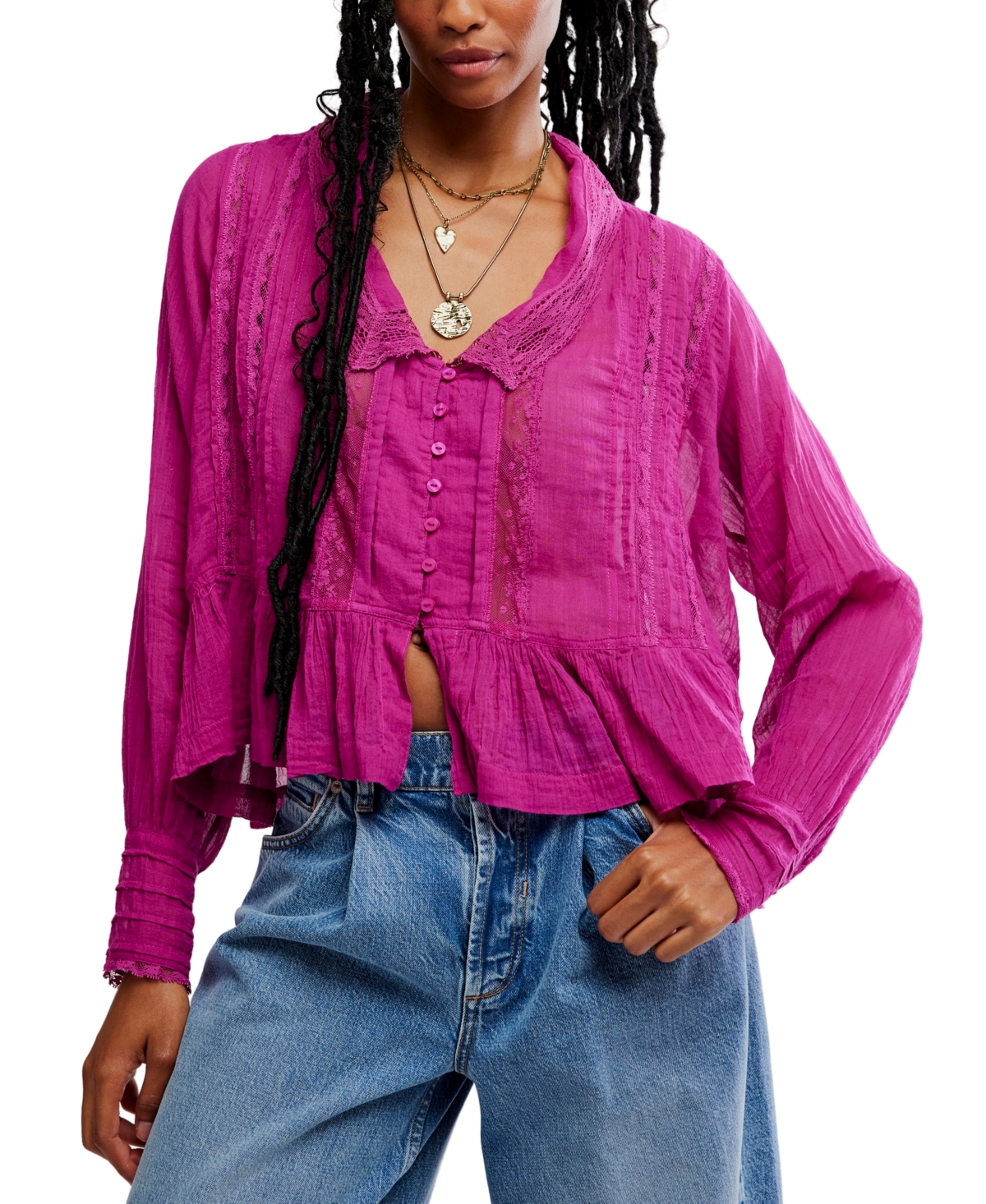 Free People Women's Elodie Lace-Trim Button-Front Blouse