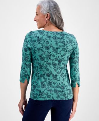 Petite Cotton Floral 3/4-Sleeve Boat-Neck Top