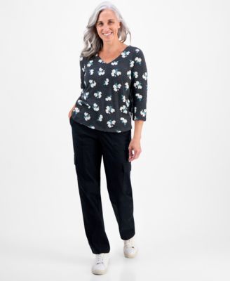 Petite Chintz Floral V-Neck 3/4-Sleeve T-Shirt, Macy's Exclusive