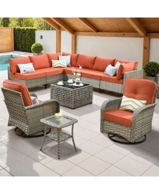 10 Piece Outdoor Patio Furniture with Swivel Chairs,All Weather Wicker Sectional Coversation Set with Solar Coffee Table, Single Modular Chairs