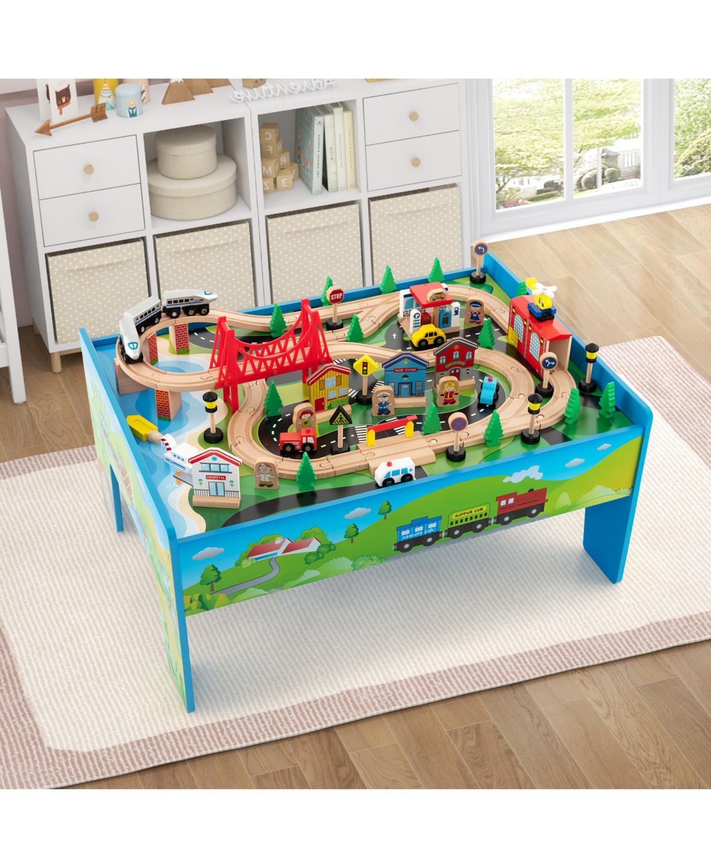 Детские игрушки Mecale 80-Piece Wooden Train Set and Table, цвет: Синий — фото 9