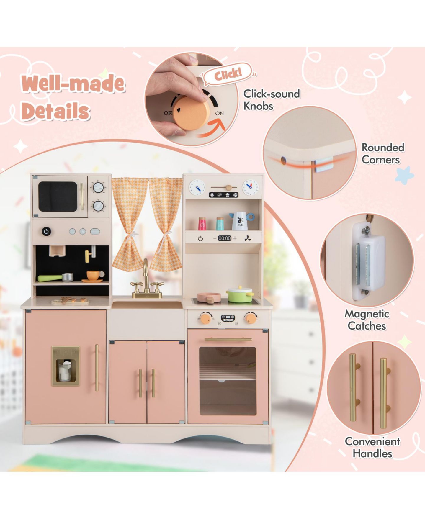 Детский игровой набор Mecale Wooden Microwave and Coffee Maker Kitchen Playset, Ages 3+, цвет: Розовый — фото 8