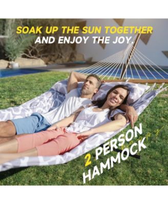 Double Hammock with Stand, 2 Person Cotton Rope Hammock with Removable Polyester Pad, 500LBS Capacity.