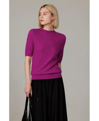 Women's Funnel Neck Short Sleeve Sweater | 75% Merino Wool 25% Silk Ultra Soft Fine-gauge Knit Top | Machine Washable