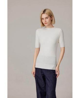 Women's Funnel Neck Short Sleeve Sweater | 75% Merino Wool 25% Silk Ultra Soft Fine-gauge Knit Top | Machine Washable