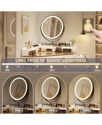 Farmhouse-style dressing table with mirror and lights, featuring a glass top.