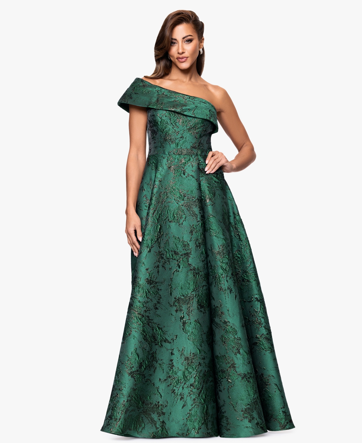 Xscape Women's Jacquard One-shoulder Ball Gown In Green