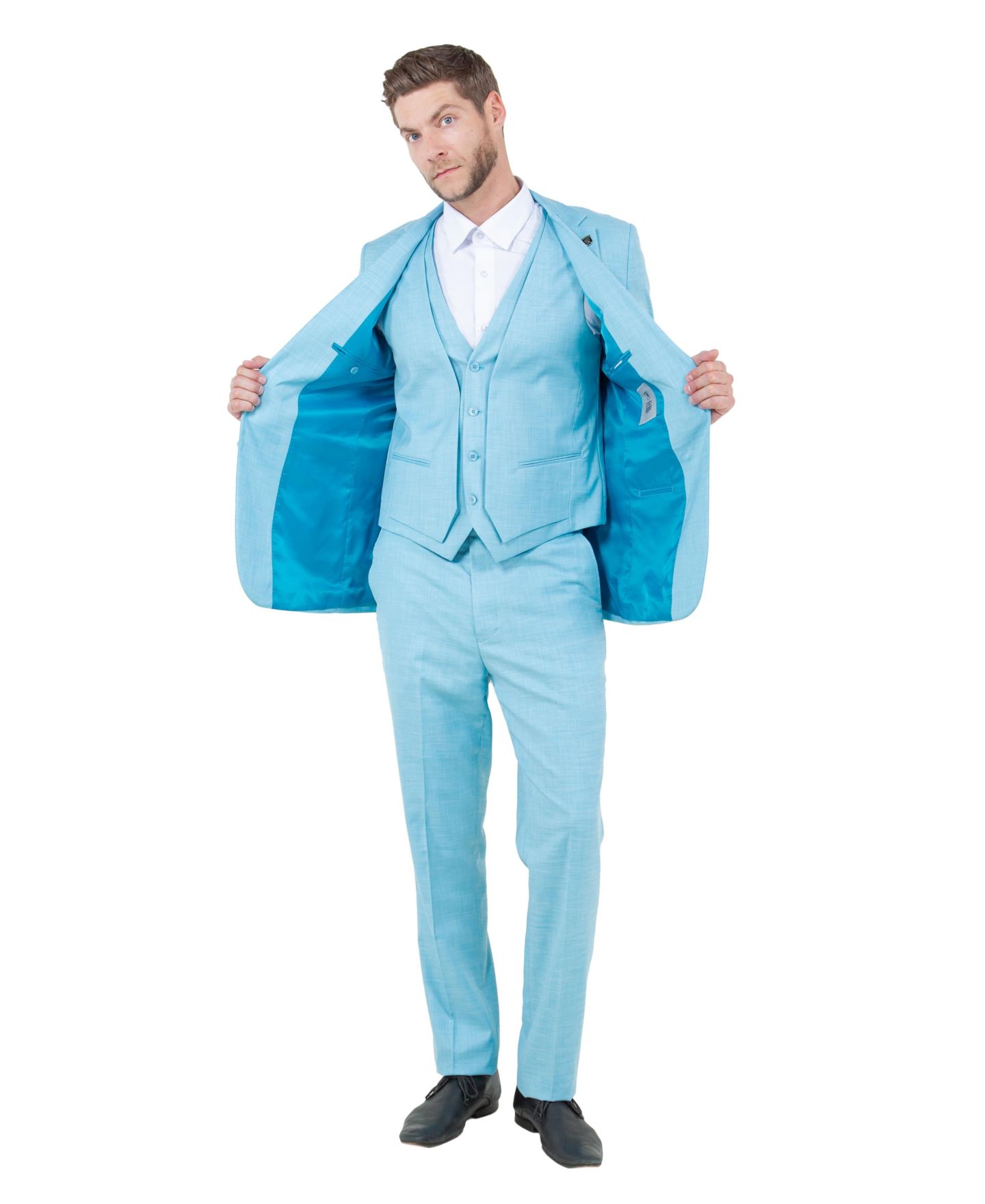Мужские куртки Stacy Adams Solid Textured 3-Piece Jacket With Solid Vest And Pants Suit Notch Lapel, цвет: Аквамариновый — фото 2