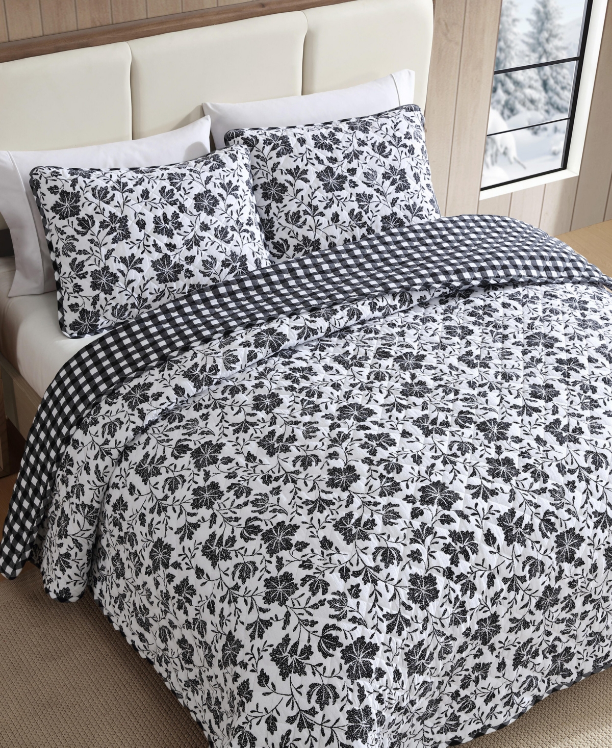 Eddie Bauer Woodblock Floral Flannel Cotton Reversible 3-Pc. Quilt Set