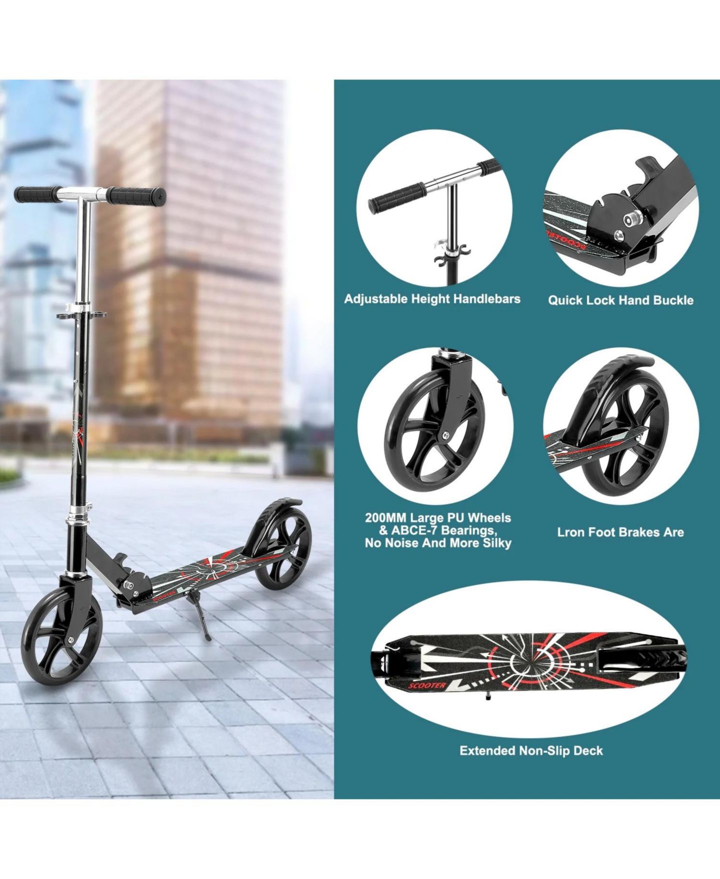 Детская игрушка SUGIFT Folding Kick Scooter with 3 Adjustable Heights for Teens & Adults, цвет: Чёрный — фото 7
