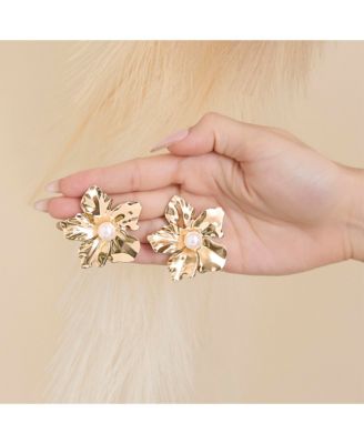 Statement Flower Earrings with Pearl Center in Gold-Tone
