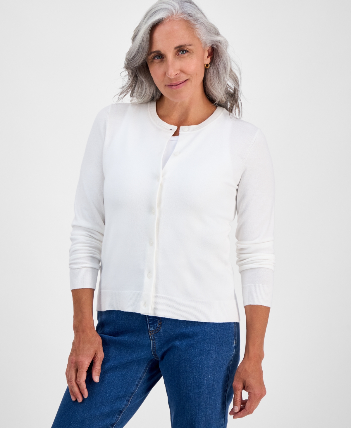 Style & Co Petite Crewneck Cardigan, Macy's Exclusive In White