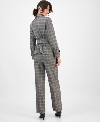 Anne Klein Womens Plaid Belted Button Front Trench Jacket Plaid Wide Leg Mid Rise Pants In Multi