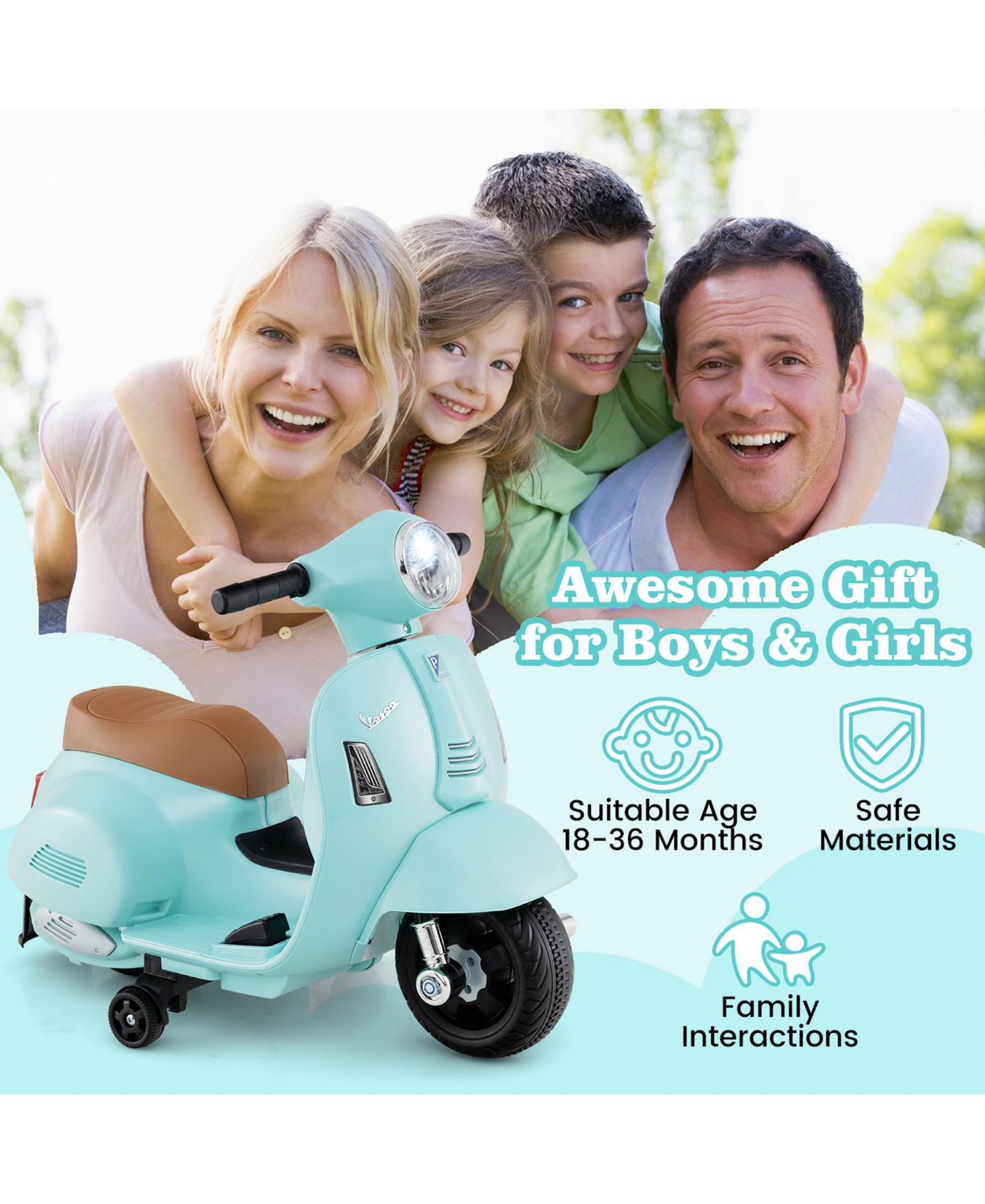 Детская игрушка Gymax Kids' Ride-On Motorcycle with 6V Battery, LED Headlights & Training Wheels, Ages 18-36 Months, цвет: Зелёный — фото 8