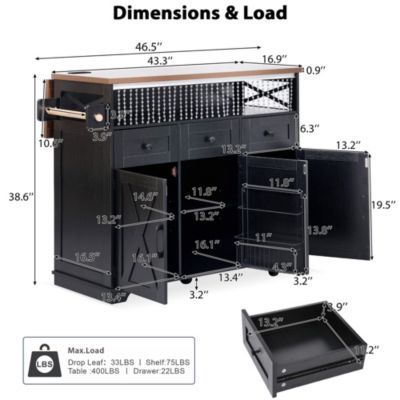 46.5" Rolling Kitchen Cart with Drop Leaf, Power Outlet, Beaded Trim, Ample Storage