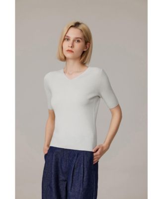 Women's Merino Wool Lurex Sweater | Shimmer Fine gauge V-Neck Short Sleeve Top | Machine Washable Pullover