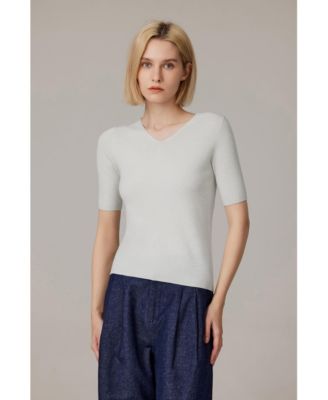 Women's Merino Wool Lurex Sweater | Shimmer Fine gauge V-Neck Short Sleeve Top | Machine Washable Pullover