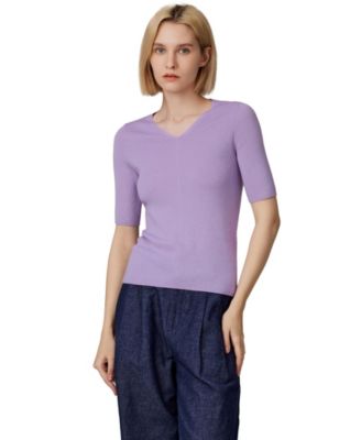 Women's Merino Wool Lurex Sweater | Shimmer Fine gauge V-Neck Short Sleeve Top | Machine Washable Pullover