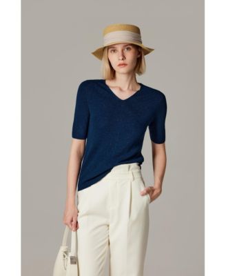 Women's Merino Wool Lurex Sweater | Shimmer Fine gauge V-Neck Short Sleeve Top | Machine Washable Pullover