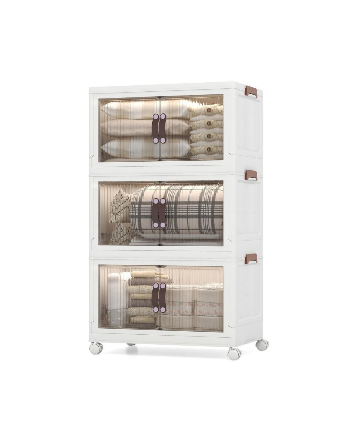 60 Gal 3-Tier Stackable Storage Boxes Bins with Magnetic Doors and Lockable Casters - White