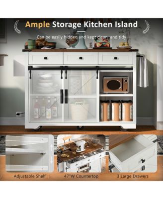 53.7" Rolling Kitchen Cart with Barn Doors, Drop Leaf, Power Outlet and Spice Rack (No Stools)