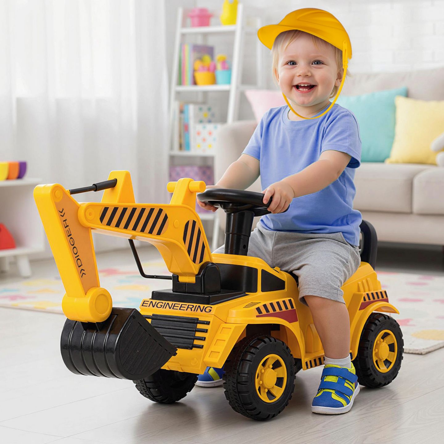 Детская игрушка Gymax Ride-On Excavator with Adjustable Shovel, Engine Sound & Anti-Tipping Base, 33 lbs Capacity, Ages 19-36 Months, цвет: Жёлтый — фото 2