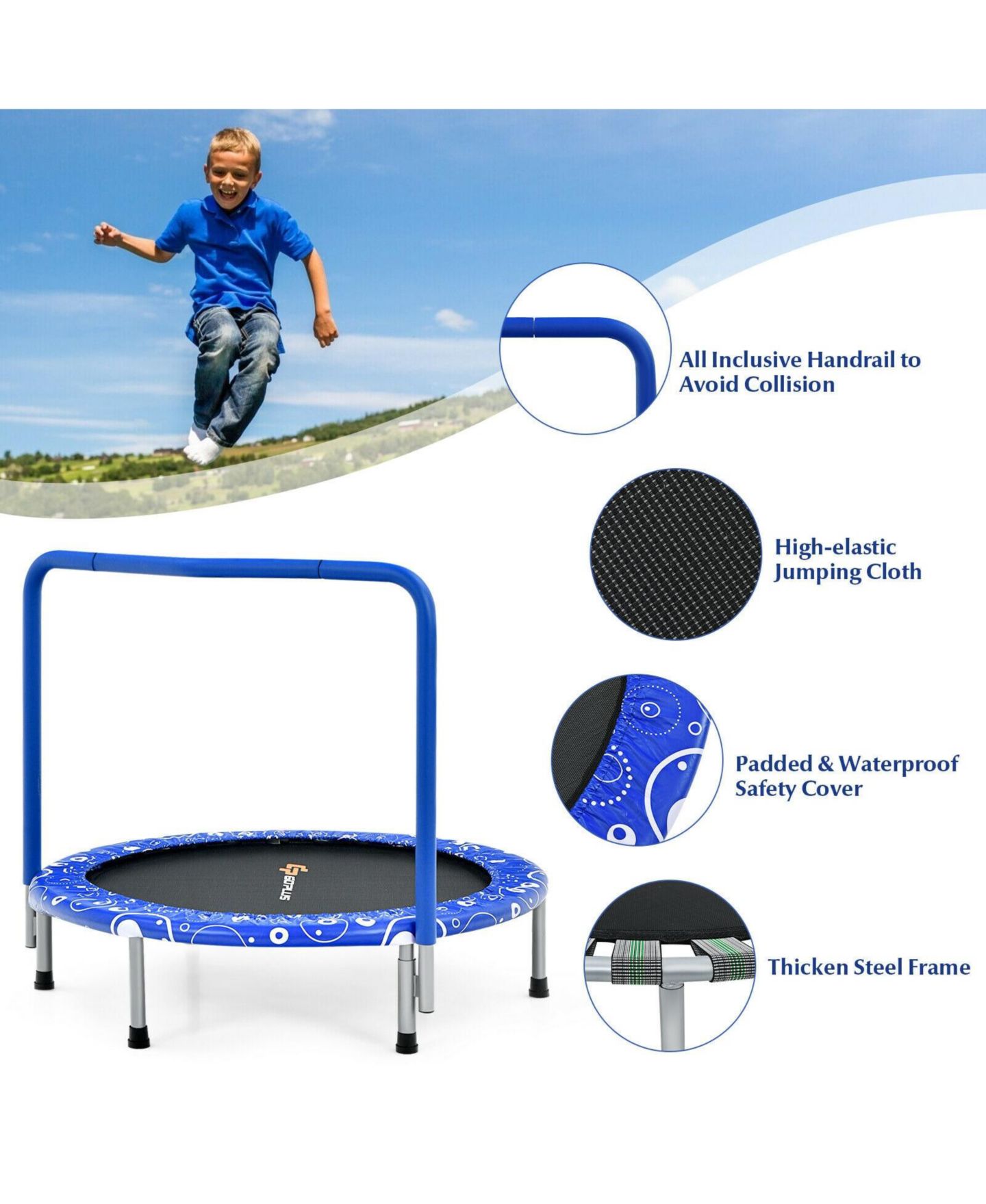 Детская игрушка Mecale 36" Mini Rebounder Foldable Trampoline with Removable Handle, 330 lbs Capacity, Ages 3-10, цвет: Синий — фото 9