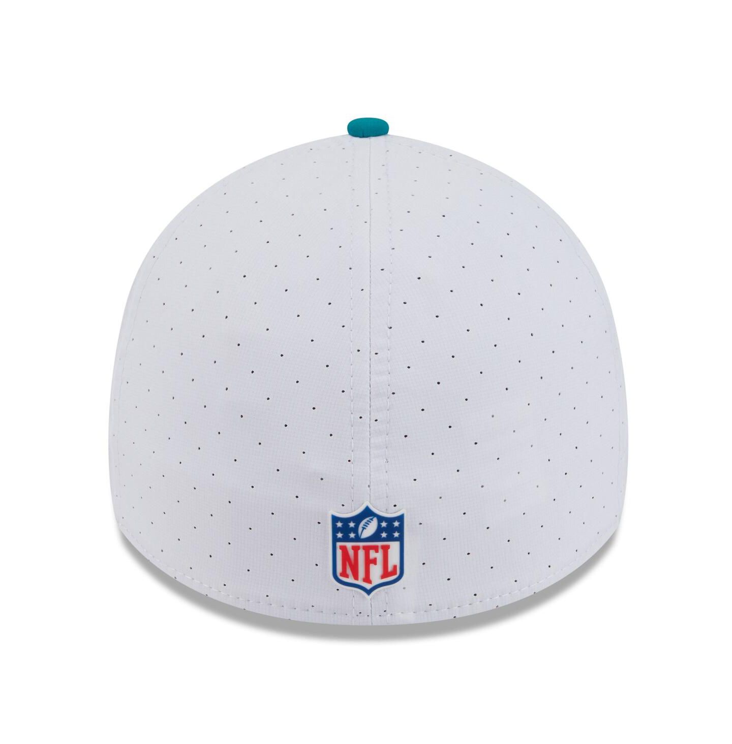 Мужская кепка New Era White/Aqua Miami Dolphins 2025 NFL Training Camp Throwback Logo 39THIRTY Flex Hat — фото 4