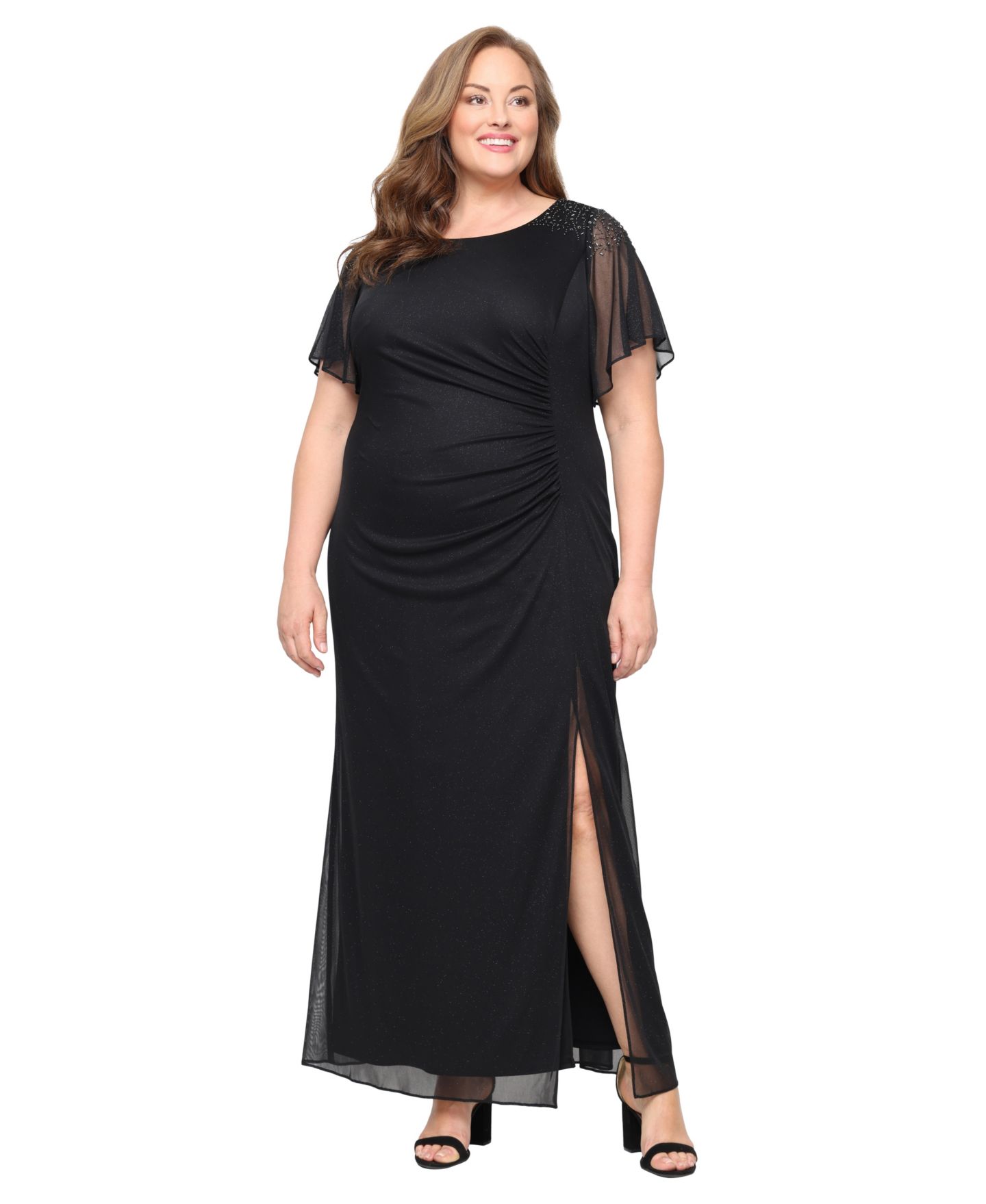 Женские платья SL Fashions Plus Size Flutter-Sleeve Side-Ruched Glitter Gown, цвет: Чёрный — фото 1