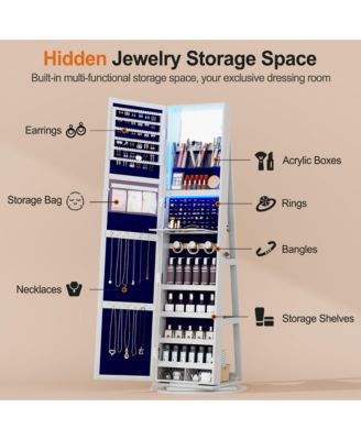 LED jewelry storage cabinet with back storage shelves and 360° rotation.